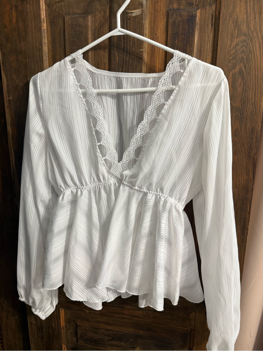 SHEIN White Lace-Trim V-Neck Peplum Top